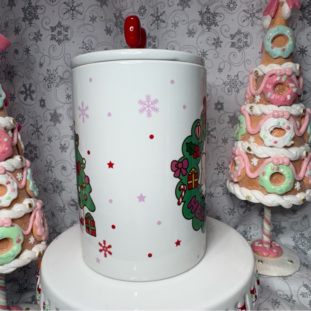 Sanrio Christmas Hello Kitty Wreath Snowflake Canister Cookie Jar w/Bow Topper - Picture 4 of 12